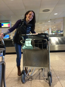 Lauren excitedly awaiting her luggage… that never came.