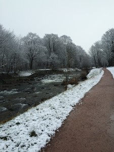 Snowy pathway along river - Freiburg