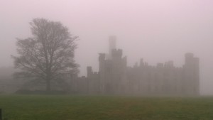 A castle in the distance, clouded by fog.