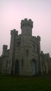 A part of the castle with towers framed by fog