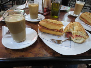 breakfast of coffee and a bocadillo with Spanish ham
