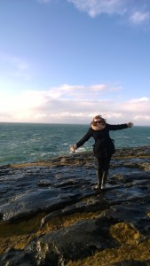 Mary trying not to get blown away by the wind at the Mini Cliffs!
