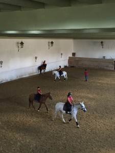Students learning to ride horses inside of one of the Plaza's rooms