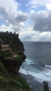 View to the left of center, Uluwatu temple on the top edge of the cliff