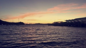 Ferry wharf at port Matiatia at sunset